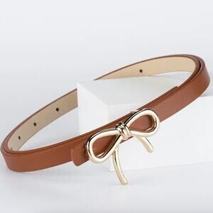 2/$30 Bow Belt NEW Camel Tan 27"-35" Gold Bow Adjustable Vegan Leather 40" Total